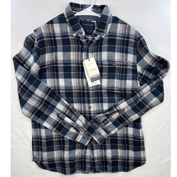 Other - Denim & Flower Plaid Flannel Button Down Men's Soft Cotton Shirt Size L NWT